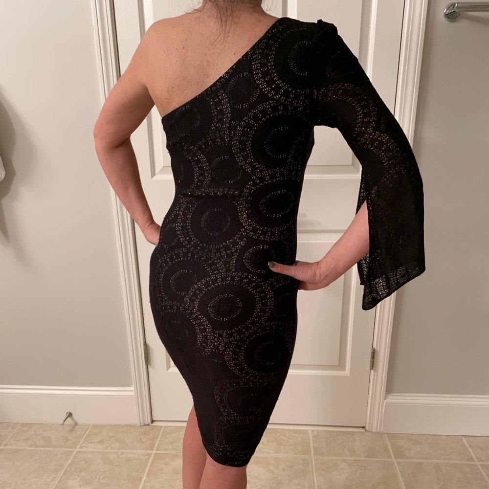 Crochet-knit lined one shoulder dress